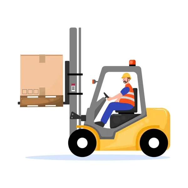 Forklift kullanan bir depo çalışanının vektör çizimi, bir depoda, bir paletin üzerindeki kutuyu kaldırmak,.