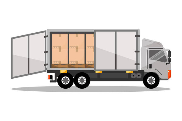A vector illustration of a delivery truck with open doors revealing stacked boxes inside, symbolizing transportation and logistics.