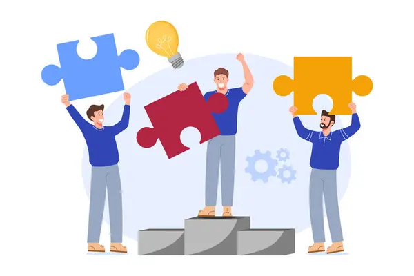 İş ortaklığı konsepti. Üç adam bir iş ortaklığı zaferini kutluyor. Yapboz parçaları ve bir ampul, takım çalışmasını, yeniliği ve başarıyı simgeliyor..
