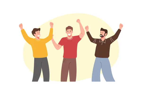 Üç adam bunu kollarını kaldırarak kutluyor. Takım çalışması, başarı ve başarı temaları için mükemmel. Vektör illüstrasyonu