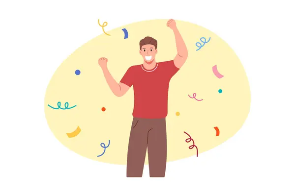 Başarı, başarı konsepti. Etrafında konfetiyle kutlama yapan bir adamın vektör çizimi..