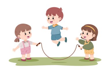 Üç çocuk dışarıda ip atlama oynuyor, eğlenceli çocukluk aktiviteleri sergiliyorlar. Sıradan giyiniyorlar, aktif bir oyunun tadını çıkarıyorlar..