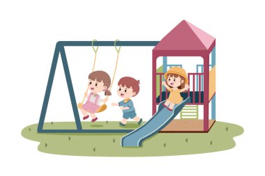 Üç neşeli çocuğun vektör çizimi renkli bir oyun parkında salıncaklı ve slaytlı oynarken eğleniyor..