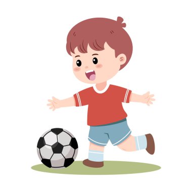 Neşeli genç bir çocuk aktif olarak futbol oynuyor, yeşil bir parçada büyük bir gülümsemeyle topa vuruyor. Vektör illüstrasyonu.