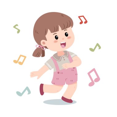 Neşeli küçük bir kız neşeyle dans ediyor, renkli notalarla çevrili. Vektör çizimi. Beyaz arkaplanda izole edilmiş vektör illüstrasyonu.