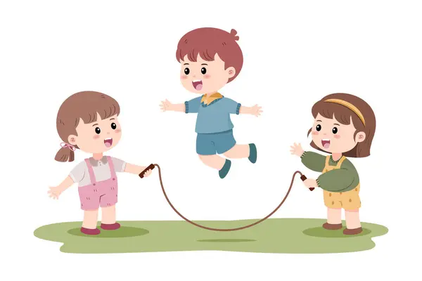 Üç çocuk dışarıda ip atlama oynuyor, eğlenceli çocukluk aktiviteleri sergiliyorlar. Sıradan giyiniyorlar, aktif bir oyunun tadını çıkarıyorlar..