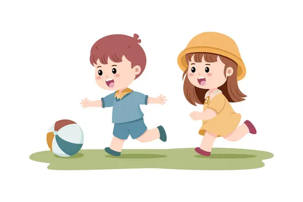 İki neşeli çocuk, bir oğlan ve bir kız renkli bir topla oynuyorlar. Çocukluk eğlencesi ve açık hava aktivitelerinin özünü sembolize ediyor..