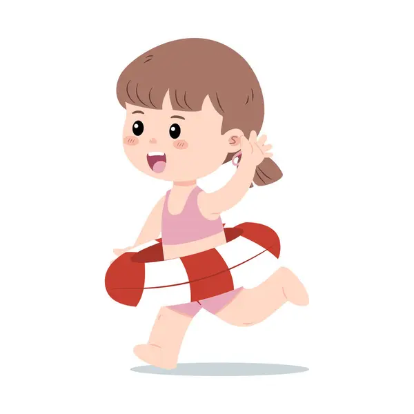 Neşeli bir kız yüzme yüzüğüyle koşar, yaz su oyunu için heyecanlanır. Vektör illüstrasyonu