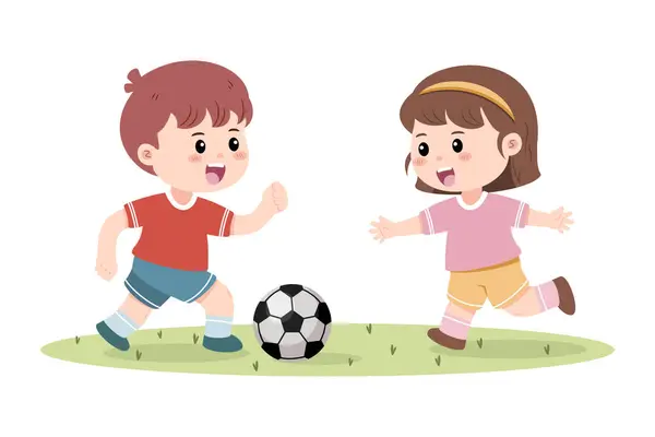 İki neşeli çocuk, bir oğlan ve bir kız, çimenli bir alanda mutlu bir şekilde futbol oynuyorlar. Vektör illüstrasyonu.