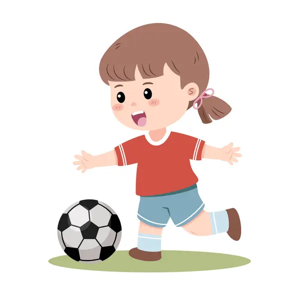 Neşeli küçük bir kız aktif olarak futbol oynuyor, yeşil bir parçada mutlu bir ifadeyle topa vurmak üzere. Vektör illüstrasyonu.