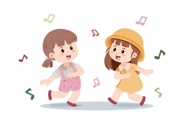 İki neşeli küçük kız müziğin ritmiyle dans ediyor. Hareketleri onları çevreleyen renkli notalar kadar canlı. Beyaz arkaplanda izole edilmiş vektör illüstrasyonu.