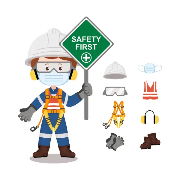 Tüm PPE ve güvenlik ekipmanlarına sahip karikatür işçisi endüstriyel güvenliği, farkındalığı ve koruyucu ekipman kullanımını destekliyor. Beyaz arkaplanda izole edilmiş vektör illüstrasyonu.