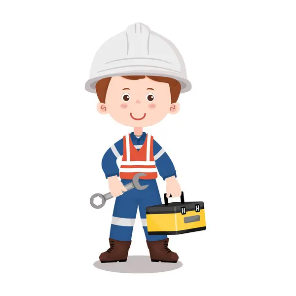İngiliz anahtarı ve alet çantası olan endüstriyel bakım mühendisi, tamir ya da fabrika konsepti için çizgi film karakteri. Beyaz arkaplanda izole edilmiş vektör illüstrasyonu.