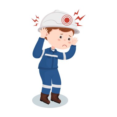 İş yerindeki baş ağrısı ve stresten muzdarip karikatür endüstrisi mühendisi beyaz arka planda izole edildi.