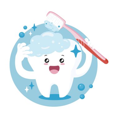 Köpükle fırçalayan mutlu çizgi film dişleri. Diş bakımı, ağız temizliği ve sağlıklı diş konsepti..