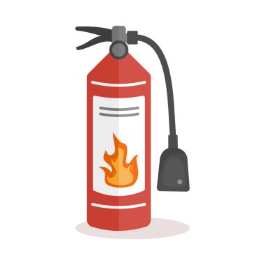 Alev sembollü kırmızı yangın söndürücü. Acil durum ve yangın koruma ekipmanları. Vektör illüstrasyonu beyaz arkaplanda izole edildi.