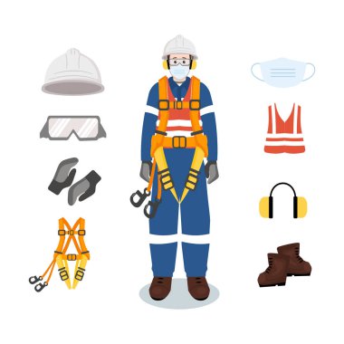 Koruyucu ekipman ikonları, işyeri güvenliği ve kişisel koruma kavramı ile tam PPE 'de endüstri güvenlik mühendisi.