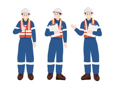 Güvenlik üniformalı bir grup endüstriyel işçi ellerinde pano, denetleme ya da fabrika denetimi sırasında başparmağını kaldırıyor ve açıklama yapıyor..
