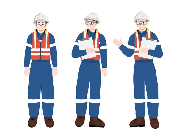 Güvenlik kıyafetleri içinde ellerinde pano olan, fabrika teftişi, denetim ve iş güvenliği kavramında çalışan bir grup endüstri mühendisi..