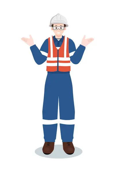 Güvenlik yeleği giymiş sanayi işçisi ya da mühendis ve elleri açık ve omuz silkiyor. Vektör illüstrasyonu beyaz arkaplanda izole edildi.