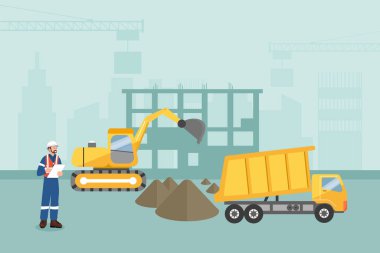 İnşaat alanı mühendis, kazıcı ve atık kamyonu inşaat projesi, güvenlik eğitimi için mükemmel bir geçmiş veya proje sunumu slaytları. Düz vektör illüstrasyonu.