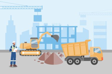 Kazı ve atık kamyonu ile inşaat alanını inceleyen mühendis sunum ya da proje raporları için mükemmel bir geçmiş. Düz vektör illüstrasyonu.