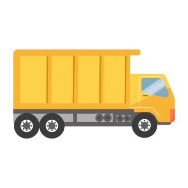Sarı çizgi film çöp kamyonu, boş kargo yatağı. Yapım aracı illüstrasyonu.