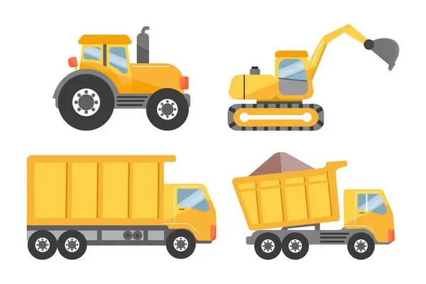 Traktör, kazıcı ve iki çöp kamyonu dahil dört çizgi film inşaat aracı. Düz vektör illüstrasyonu.
