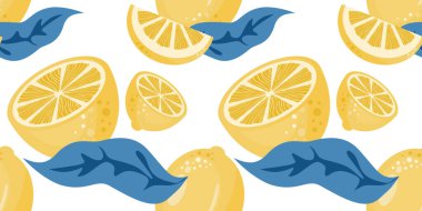 Kusursuz sarı limon deseni, limon dilimleri ve beyaz arka planda mavi yapraklar. Citrus meyve tasarımı. Yaz tasarımı, ambalaj, kumaş veya duvar kağıdı için mükemmel.