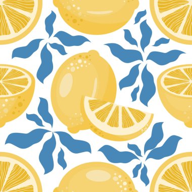 Sarı limon, dilimler ve beyaz arka planda şekillendirilmiş mavi yaprakların kusursuz deseni. Taze narenciye tasarımı. Paketleme, kumaş, tekstil ve kağıt ambalajlama için mükemmel.