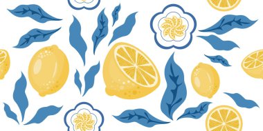 Taze limonsuz desenli mavi yapraklar ve beyaz arka planda çiçek kabı, yaz tasarımı, ambalaj, kumaş veya duvar kağıdı için mükemmel..