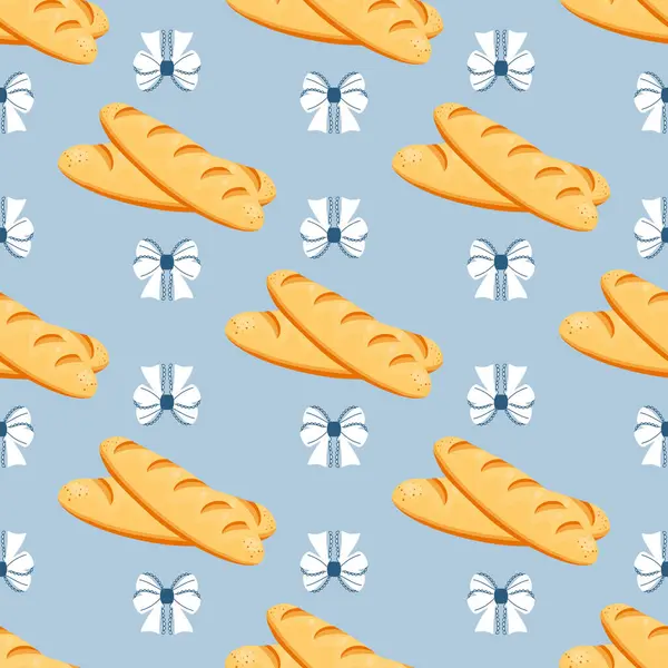 Çizgi filmlerin kusursuz desenleri ve açık mavi arka planda dekoratif beyaz fiyonklar. Fransız pastanesi tasarımı. Vektör illüstrasyonu.