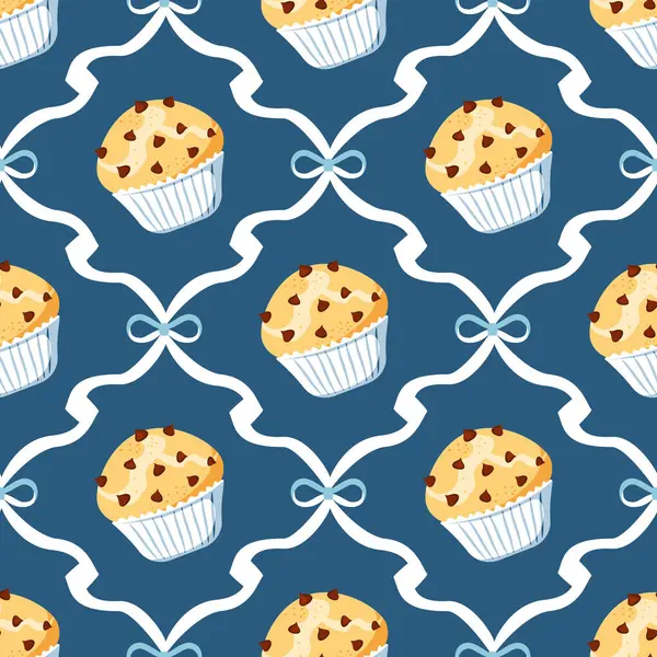 Kusursuz desenli, çikolatalı kek ve mavi arka planda mavi fiyonklu. Vektör illüstrasyonu.