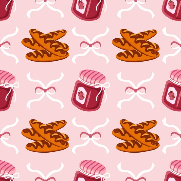 Çizgi film reçel kavanozları, baget ve açık pembe arka planda dekoratif kurdeleler. Tatlı yemek tasarımı. Vektör illüstrasyonu.