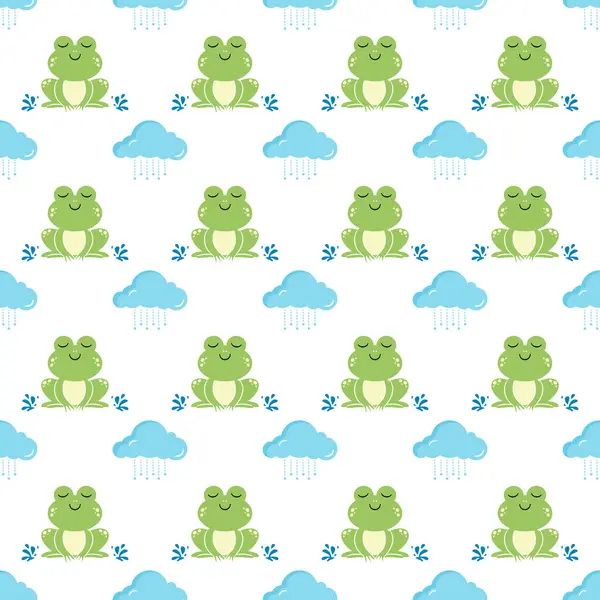 Şirin yeşil kurbağaları ve mavi yağmur bulutları olan sevimli, pürüzsüz bir desen. Çocuk tasarımları, tekstil ve bebek eşyaları için mükemmel..