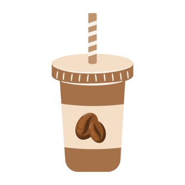 İçinde pipet ve kahve çekirdeği logosu olan buzlu kahve fincanı, kafe, yaz ve canlandırıcı içecek temaları için mükemmel..