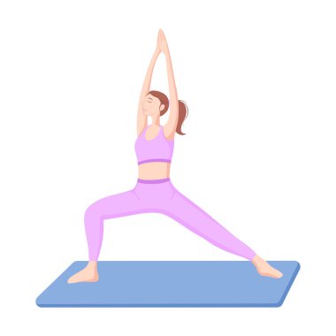Yoga savaşçısı pozu veren bir kadın. Sağlıklı yaşam tarzı ve sağlık ve meditasyon kavramları için uygunluk çizelgesi.