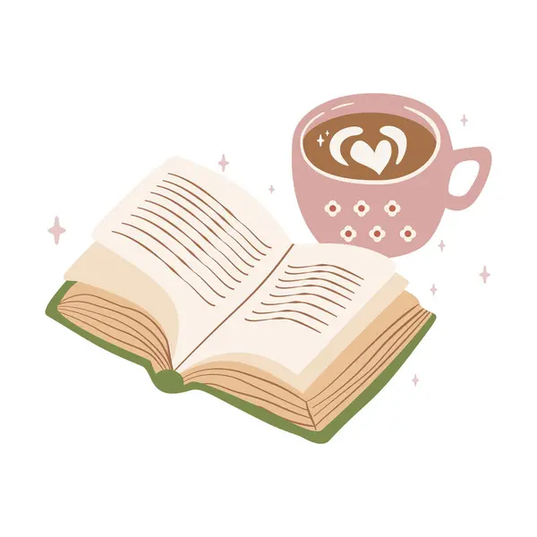 Açık bir kitap ve kalp latte sanatıyla dolu pembe bir kahve fincanı. Sessiz anlar, okumak ve rahatlama temaları için mükemmel..