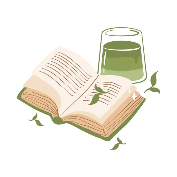 Açık bir kitap ve bir bardak matcha 'nın sakin anlar, rahatlama, sağIık ve sağlıklı yaşam temaları için ideal bir tasviri..
