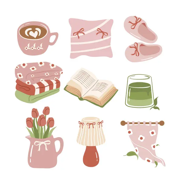 Bir kahve fincanı, battaniye, kitap, terlik, yastık ve laleler de dahil olmak üzere samimi yaşam öğeleri koleksiyonu. Rahatlama ve ev temaları için ideal.