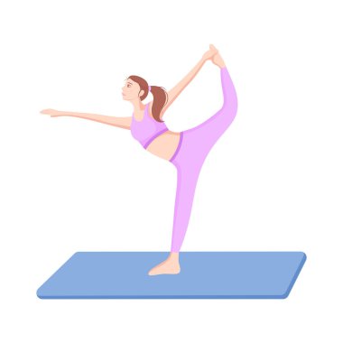 Kadın minderde dansçı yoga pozu veriyor. Denge, zindelik, refah ve öz bakım kavramının düz vektör çizimi.