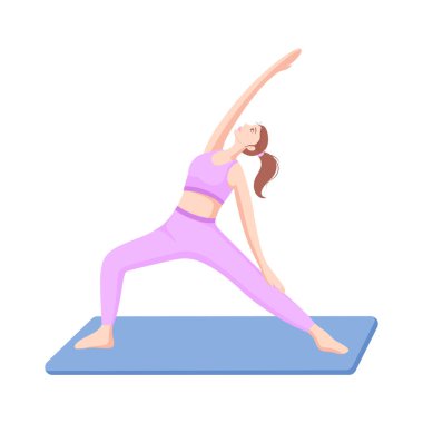 Paspasın üzerinde ters savaşçı pozu veren kadın. Güç, denge, özgüven ve iç huzur için yoga. Düz vektör illüstrasyonu beyaz arkaplanda izole edildi.