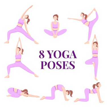 Yeni başlayanlar için 8 yoga pozu. Sağlıklı ve esnek davranan kadın karakter. Sağlıklı yaşam tarzı kavramı.