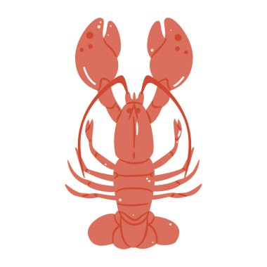 Pişmiş kırmızı ıstakozun basit bir çizimi, deniz ürünleri, yemek ve okyanus teması için mükemmel. Düz çizgi film biçimi beyaz arkaplanda izole.