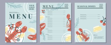 Istakoz, otlar, limon ve tereyağlı deniz ürünleri menü şablonları. Restoran tasarımı, kart, broşür, kapak ya da afiş için mükemmel. Vektör illüstrasyonu.