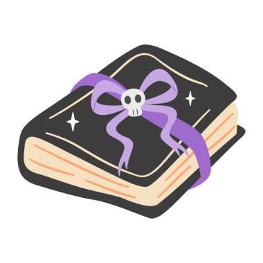 Mor kurdele ve kafatasıyla süslenmiş, beyaza izole edilmiş gizemli kara büyü kitabı. Cadılar Bayramı ya da fantezi tasarımları için mükemmel