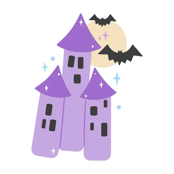 Ayın önünde uçan yarasaları olan ürkütücü, mor perili bir kale, beyaz üzerinde izole edilmiş. Cadılar Bayramı sahneleri için mükemmel
