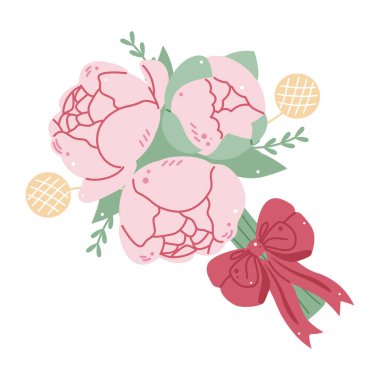 Kırmızı kurdeleli bir buket pembe çiçek. Romantik, kadınsı ya da kutlama tasarımları için mükemmel. Vektör illüstrasyonu.