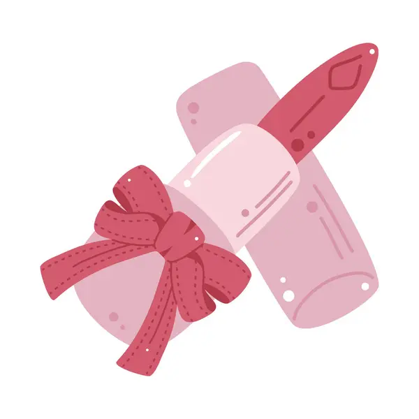 Yaylı pembe ruj karikatürü. Makyaj, güzellik, moda ve kadınsı tasarımlar için mükemmel. Vektör illüstrasyonu.