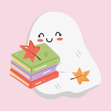 Sonbahar yapraklı kitap yığınını tutan sevimli çizgi film hayaleti. Cadılar Bayramı, sonbahar ve eğitici temalar için mükemmel.